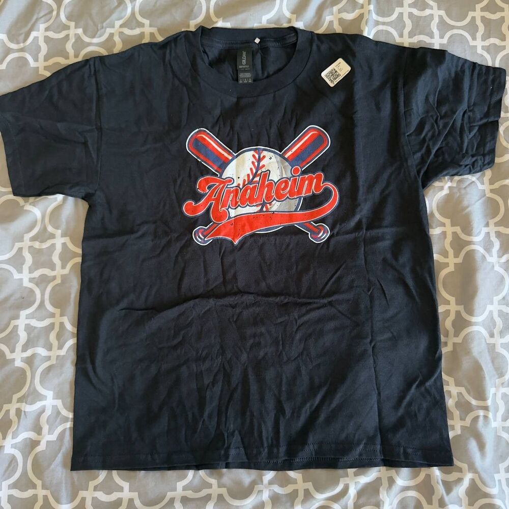 Anaheim Baseball Graphic T-Shirt Youth Large Navy Gildan Softstyle Crossed Bats